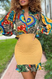 Yellow Casual Print Patchwork V Neck Long Sleeve Dresses