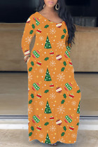 オレンジ カジュアル プリント ベーシック V ネック ロング ドレス ドレス