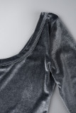 Macacão skinny cinza casual sólido sem costas com decote em U