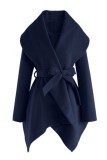 Navy Blue Casual Solid With Belt Turndown Collar Outerwear