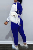 Blue Casual Solid Patchwork Buckle Long Sleeve Two Pieces