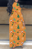 Оранжевое повседневное платье с принтом Базовое длинное платье с V-образным вырезом Платья