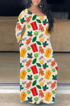 Абрикосовый повседневный принт с базовым длинным платьем с V-образным вырезом Платья