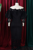 Robe longue noire décontractée, couleur unie, ajourée, patchwork, épaules dénudées