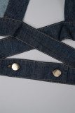 Blaue, sexy, lässige, solide Patchwork-Umlegekragen-Jeansjacke mit halben Ärmeln und normaler Passform