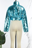 Blå Casual Solid Patchwork Ytterkläder med blixtlåskrage