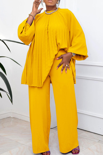 Yellow Casual Solid Patchwork Pleated O Neck Plus Size Two Pieces