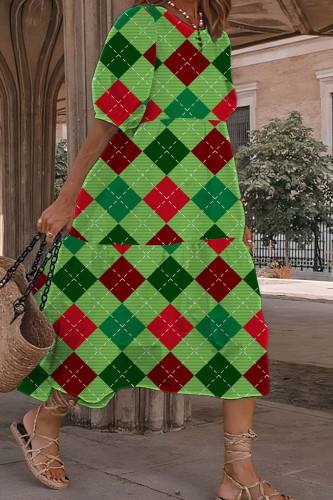 Grön Casual pläd rombisk utskrift O-hals kortärmad klänning klänningar