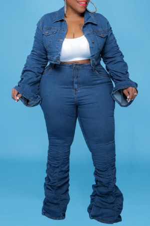 Blue Casual Turndown Collar Long Sleeve Denim Cropped Jackets And Stacked Pants Plus Size Two Pieces Trouser Sets