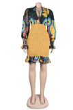 Gele casual print patchwork jurken met V-hals en lange mouwen
