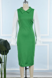 グリーン カジュアル ソリッド パッチワーク ターンダウン カラー ロング スリーブ ドレス