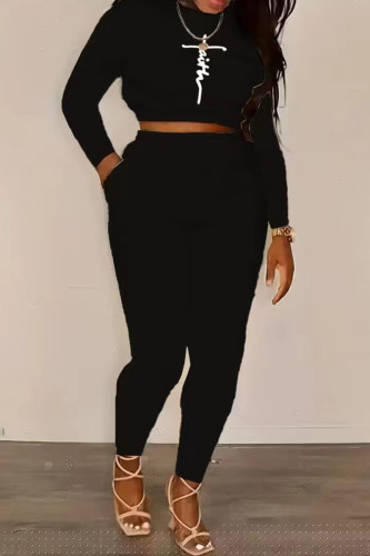 Black Casual Print Basic O Neck Long Sleeve Two Pieces