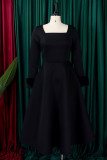 Черные элегантные однотонные лоскутные платья с квадратным воротником и трапецией
