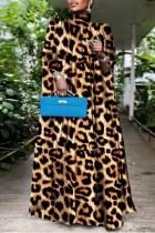 Vestidos longos com estampa de leopardo casual estampado básico com gola alta