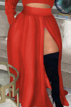 Falda informal de patchwork liso con cremallera y abertura talla grande cintura alta rojo