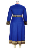 Vestidos de retalhos azuis com estampa casual decote oco manga longa plus size