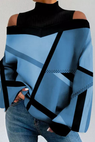 Blaue, lässige, rückenfreie, kontrastierende Rollkragenpullover mit geometrischem Patchwork