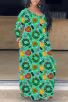 Зеленое повседневное длинное платье с принтом и V-образным вырезом Платья