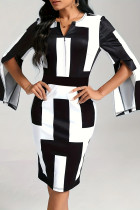 Schwarz-weißes, lässiges Patchwork-Kleid mit Schlitz und V-Ausschnitt und langen Ärmeln in Übergröße