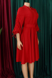 赤いエレガントな固体包帯パッチワーク折り目ベルト非対称襟 A ライン ドレス
