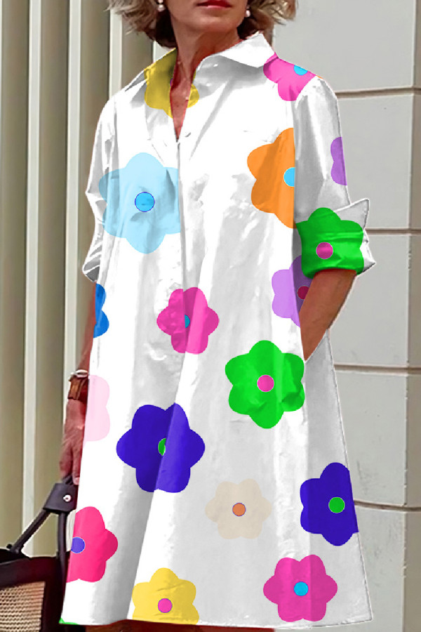 ホワイト カジュアル プリント パッチワーク ターンダウン カラー シャツドレス ドレス