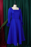 Blauwe elegante effen patchwork vierkante kraag A-lijn jurken