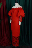 Rode casual effen uitgeholde patchwork off-shoulder lange jurkjurken