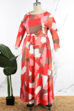 Oranje casual print basic o-hals lange jurk plus size jurken