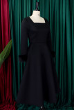 Black Elegant Solid Patchwork Square Collar A Line Dresses