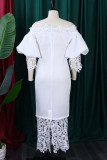White Casual Solid Hollowed Out Patchwork Off the Shoulder Long Dress Dresses
