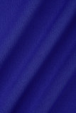 Königsblaue, lässige, solide Patchwork-Kleider mit Umlegekragen und langen Ärmeln