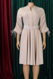 Abrikoos elegante effen bandage patchwork vouw met riem asymmetrische kraag A-lijn jurken