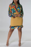 Gele casual print patchwork jurken met V-hals en lange mouwen
