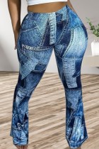 Pantalones casuales estampados básicos regulares de cintura alta estampado completo convencional azul