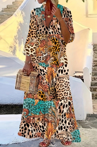Orange Casual Print Patchwork V Neck Long Dress Plus Size Dresses
