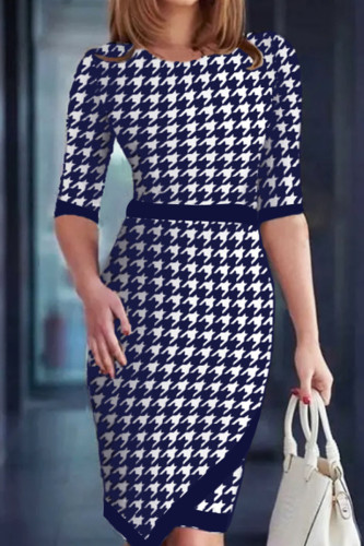 Blå Elegant Print Patchwork U-hals omslagna kjolklänningar