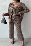 Brown Celebrities Print Patchwork Pocket Buckle O Neck Long Sleeve Three Pieces