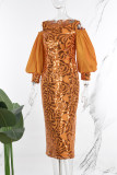 Orange Party Formal Patchwork Hollowed Out Sequins O Neck Wrapped Skirt Dresses