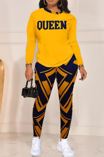 Orange Casual Letter Print O Neck Long Sleeve Sweatshirt And Pants Sportwear Two Piece Jogger Set