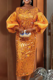 Robes de jupe enveloppées à col rond en paillettes ajourées en patchwork formel orange
