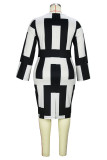 ブラック ホワイト カジュアル プリント パッチワーク スリット V ネック長袖プラス サイズ ドレス