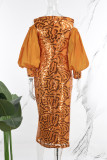 Orange Party Formal Patchwork Hollowed Out Sequins O Neck Wrapped Skirt Dresses