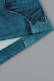 Синий Повседневный принт Базовый V-образный вырез Длинный рукав Платья больших размеров
