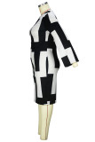 ブラック ホワイト カジュアル プリント パッチワーク スリット V ネック長袖プラス サイズ ドレス