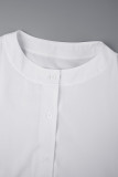 ホワイト カジュアル ソリッド パッチワーク ボタン O ネック シャツ ドレス ドレス
