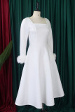 Weiße, elegante, solide Patchwork-Kleider mit quadratischem Kragen in A-Linie