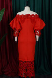 Robe longue rouge décontractée, couleur unie, ajourée, patchwork, épaules dénudées