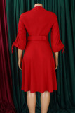 Rode elegante effen bandage patchwork vouw met riem asymmetrische kraag A-lijn jurken