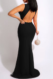 Black Sexy Formal Patchwork Hot Drilling See-through Backless O Neck Evening Dress Dresses
