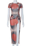 Colour Casual Print Slit O Neck Short Sleeve Dress